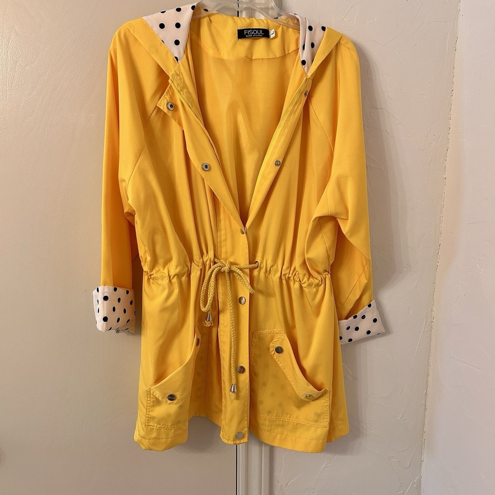 Fisoul Yellow Polka Dot Hooded Rain Jacket / Windbreaker Size L